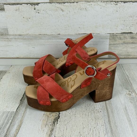 Sam Edelman Josefine womens sz 6.5M coral suede wood heel strappy sandal - Picture 1 of 11